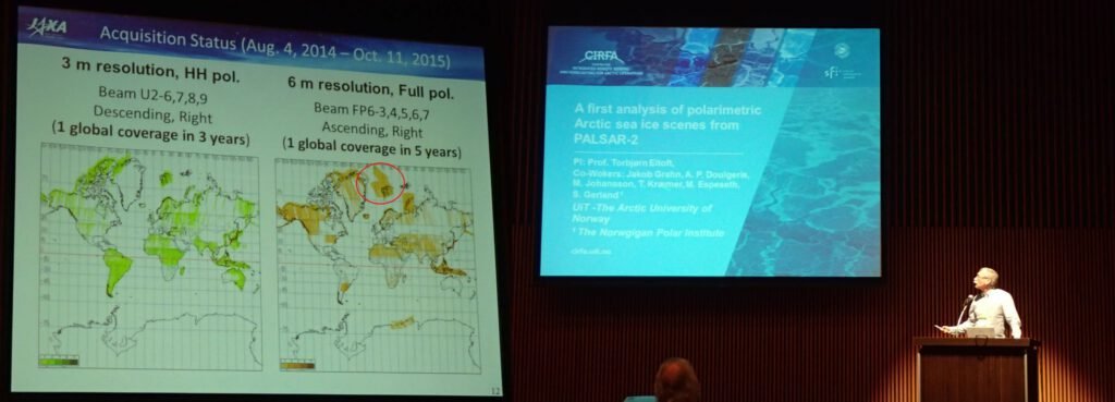 In the left part of the image (red circle) the amount of images taken over the N-ICE area is visible. We are very grateful to JAXA for all these images. On the right Torbjørn giving his presentation