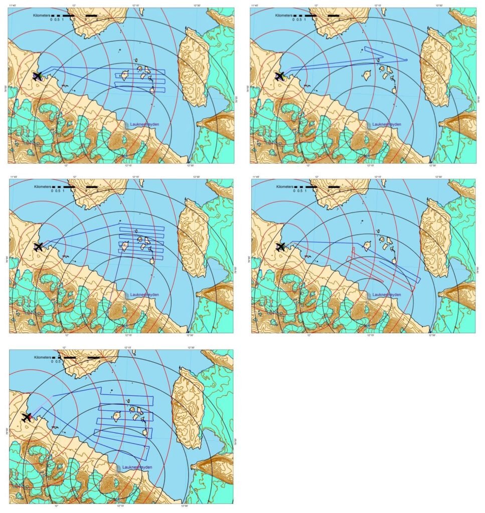 Figure 4 Flight Track for Apr. 15 pm, 16 pm, 17 am, 17 pm, 18 pm. The pm flights were coordinated with Radarsat-2 satellite overpasses