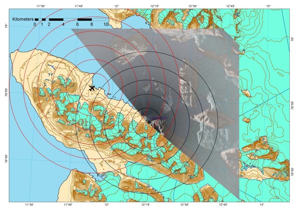Figure 3. The map show the placement of the GPRI radar and the radar coverage, the rings indicate the distances from the radar to the different observation points and red rings distance from the Havnerabben airport to the areas of interest.