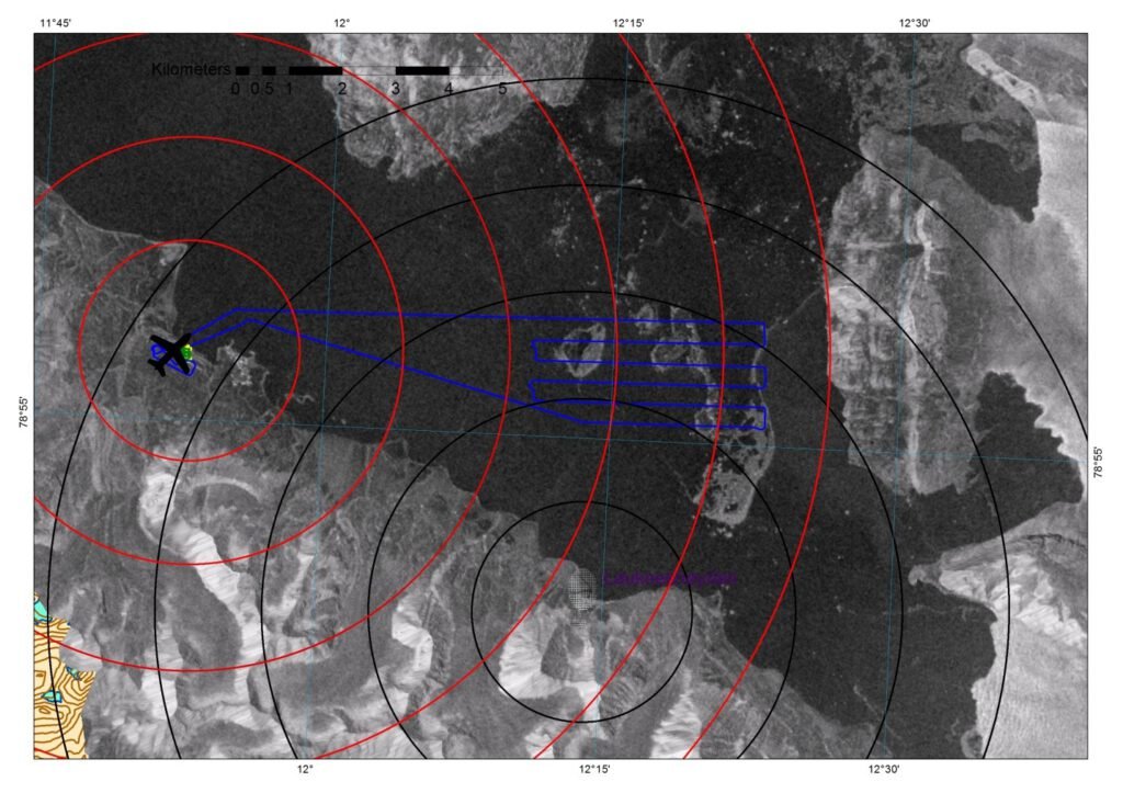 Figure 1. Radatsat-2 fine mode quad-polarization quick-look from April 16th with flightpath from simultaneous RPAS flight