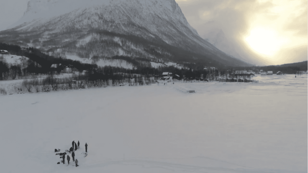 Fieldwork training in Ramfjord in February 2021, seen by a drone that was flown by Adam Steer (Norsk Polar Instittut).